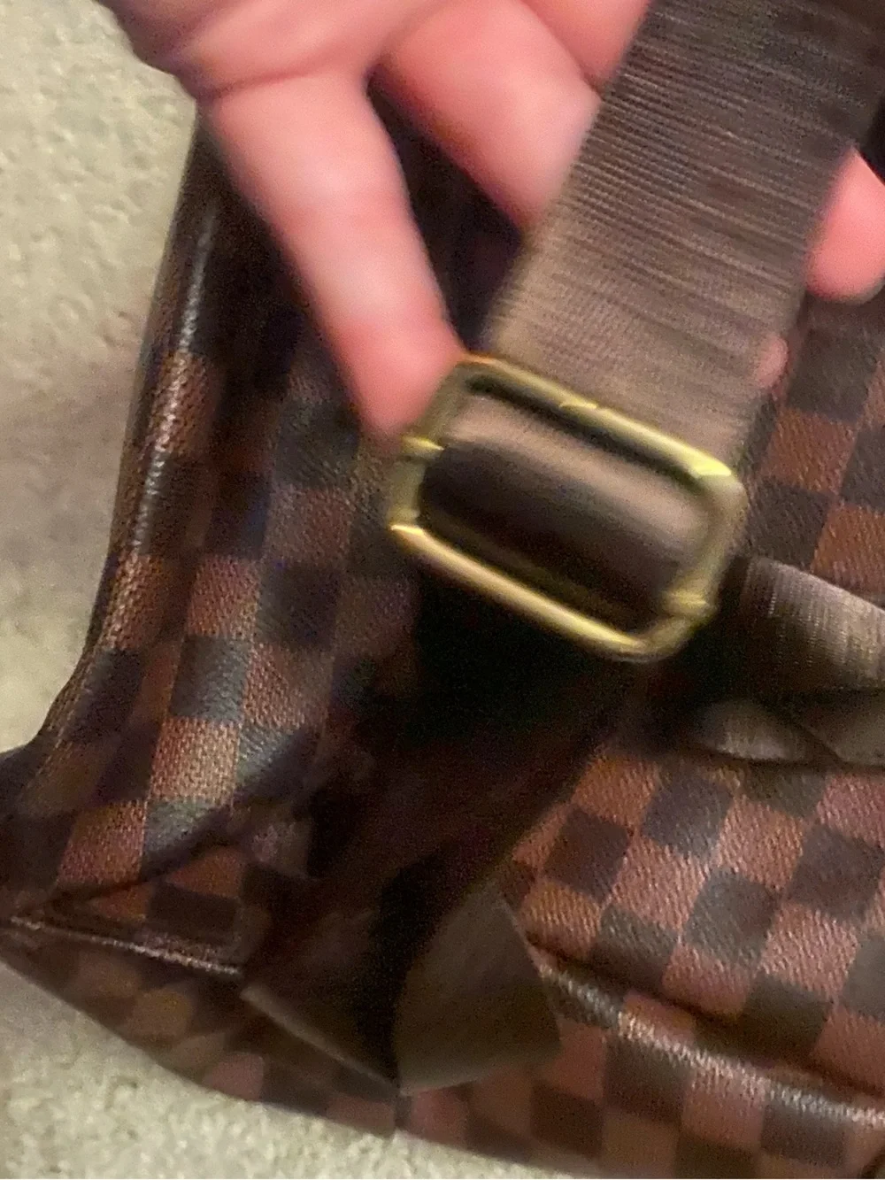 Brown Checkered Backpack with Gold Hardware